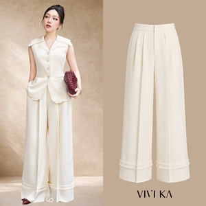 Pantalon tailleur femme taille haute crème à jambe large, ourlet effiloché, détail manchette, longueur complète, pour le bureau, en polyester et élasthanne LUCIA - Product Image 1