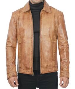 Men's for Brown Leather Jacket High Quality Slim Fit Vintage Style Stand Collar Front Logo Winter Windproof Breathable - Product Image 2