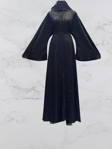 Hooded Long Sleeve Floor Length Modest Abaya With <b>Sequined</b> Detail For Women Prayer Wear Middle East Style Solid Black Polyester - Product Image 3