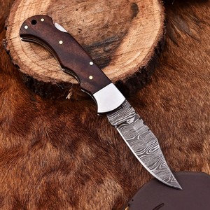 Cuchillo Plegable de Acero de Damasco con Patrón Trenzado, Bloqueo Trasero, Mango de Palisandro, Funda, Cuchillo EDC de Bolsillo para Camping, OEM, Venta Caliente - Product Image 4