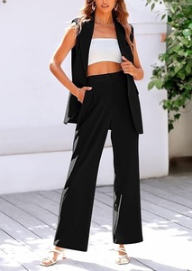 Women Sleeveless <b>Blazer</b> <b>Set</b> Solid Color Woven Fabric Notched Collar Button Front Regular Fit All Seasons Formal Two Piece Suit - Product Image 2