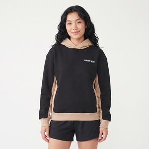 <b>Women's</b> Color Blocked Hoodie <b>Black</b> Beige Cotton Pullover <b>Sweatshirt</b> Long Sleeve Letter Print Casual Hooded Top - Product Image 1
