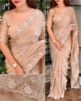 Sari indien traditionnel en satin de soie Fendy de qualité supérieure, avec broderies et perles lourdes faites à la main, protection solaire, séchage rapide