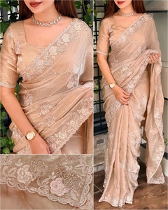 Premium Fendy Satin Silk <b>Saree</b> Heavy Handwork Sequence Beads Borders Designer Indian Wedding Wear Sarees Unstitched <b>Blouse</b> Piece - Product Image 2