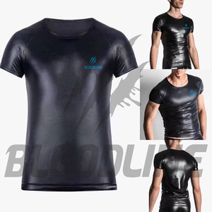 T-shirt à manches courtes en similicuir noir pour homme BLOODLINE, coupe ajustée sportive et décontractée, tissu extensible à séchage rapide, mode estivale - Product Image 6