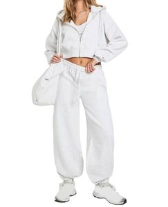 Ensemble 2 pièces OEM pour femme, streetwear, 100 % coton molletonné, haut à capuche zippé, taille élastique, coupe ample, écologique, respirant 2026 - Product Image 3