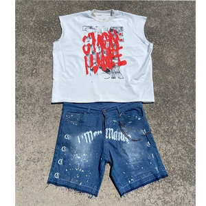 Ensemble débardeur sans manches en jean délavé imprimé sur mesure pour homme, style streetwear vintage, bords bruts, et short en jean décontracté pour l'été 2026 - Product Image 5