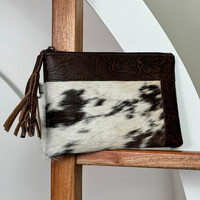 Portefeuille pour femme en cuir de vachette embossé avec poignée et pompon, qualité supérieure, fait main, motif floral, style western