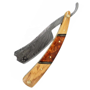 Navaja de afeitar recta de acero de Damasco con mango de madera y detalles de latón, fabricante de navajas de afeitar personalizadas - Product Image 3