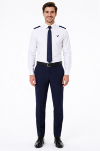 Tenue d'hôtesse de l'air sur mesure à manches longues pour hommes |   Chemise et pantalon d'été en coton 100% premium |   Vêtements d'agent de bord OEM ODM pour l'aviation - Product Image 1
