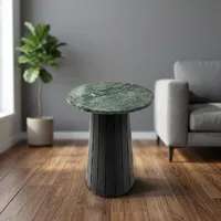 Table basse ronde moderne en marbre vert avec base en piédestal noir cannelé, cadre en bois durable fait à la main pour la décoration du salon