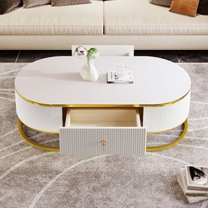 Tavolino da Caffè Ovale Moderno con Decorazioni in Metallo Dorato, Design a Profilo Curvo e Cassetti, Tavolo Centrale da 120 cm per Soggiorno - Product Image 2