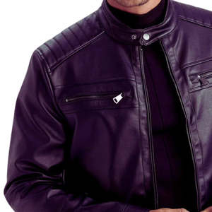 New Arrival Dark <b>Purple</b> Cow Skin Leather Men's Jackets Breathable <b>Fabric</b> Stand Collar Stylish Zip Up Leather Jacket With Low MOQ - Product Image 5
