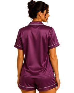 Conjunto de Pijama de Satén Morado Ciruela Personalizado por el Fabricante, Ropa de Dormir de Seda para Mujer, con Bolsillo Bordado, Manga Corta, Conjunto de Ropa de Dormir Suave - Product Image 2