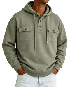 Sweat à capuche vert olive pour homme avec patte de boutonnage, double poche poitrine, style streetwear décontracté, personnalisable avec logo OEM - Product Image 1