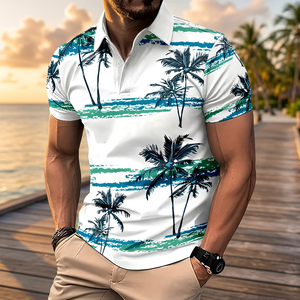 Polo pour homme à imprimé palmiers tropicaux, manches courtes, décontracté, respirant, en polyester tissé, motif blanc, bleu, vert, style été - Product Image 4