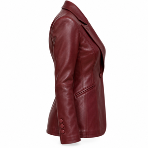 Women Single <b>Button</b> Maroon Leather Blazer Notch Lapel Flap Pocket Formal Fitted <b>Coat</b> Outerwear Custom OEM Service Provider - Product Image 3