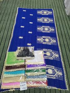 Wholesale Chiffon <b>Shawl</b> Blue Gold Geometric Panel Rosette <b>Embroidered</b> Scalloped Border Party Wear OEM ODM Custom - Product Image 4