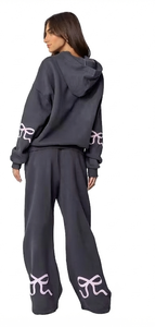 Survêtement gris foncé à capuche pour femme, manches longues, avec nœud brodé, coupe ample, décontracté, avec poches latérales, style automne - Product Image 4