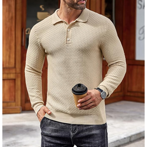 Men's Knitted Long Sleeve Polo Sweater Solid Color Autumn Casual Pullover Full Sleeve Button Closure <b>Beige</b> - Product Image 5