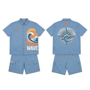 Nuevo conjunto de pantalones cortos con botones personalizados, estampado con logotipo, ropa urbana para hombre, conjunto de camisa y pantalones cortos de mezclilla para hombre - Product Image 1