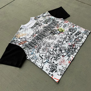 Camiseta Huili de Verano para Hombre, Estilo Urbano, con Estampado de Grafiti Personalizado, Bloques de Color y Pedrería, Talla Grande - Product Image 2