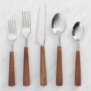 Cuchara, tenedor y cuchillo de acero inoxidable con acabado pulido espejo y mangos de madera, juego de cubiertos estilo bohemio para suministros de restaurante y decoración de mesa. - Product Image 4