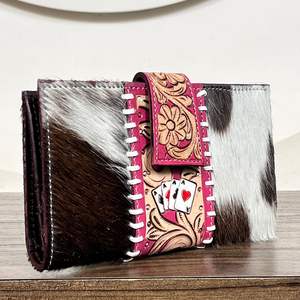 Portefeuilles en cuir de vachette façonnés à la main 2026, motif floral western, porte-cartes en cuir de vache à poils, portefeuille pour femme fait main, pochettes western pour femme - Product Image 4