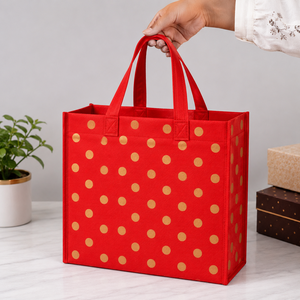 Custom Printed Red Nonwoven Felt Tote <b>Bag</b> with Gold Dots <b>Medium</b> Open Top Hand Length Handle Groceries - Product Image 1