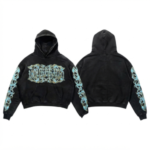 Custom <b>Men</b> Acid Wash Hoodie 350 GSM 100% Cotton Heavy <b>Fleece</b> <b>Black</b> Vintage High Density Screen Print for Front Logo O - Product Image 1