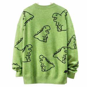 Pull en tricot vert à motif de dinosaure de dessin animé pour homme, manches régulières, broderie dessinée à la main, sweat-shirt pour l'automne - Product Image 2