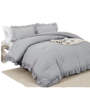 Ensemble de housse de couette grise 3 pièces en coton style princesse lavable en machine pour usage domestique couleur unie - Product Image 1