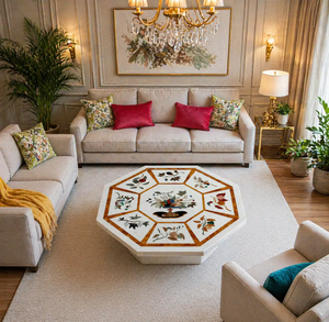 Octagon White Marble Inlay Coffee <b>Table</b> Handmade Stone Center <b>Table</b> Luxury Living Room Furniture Modern Moroccan Decor <b>Table</b> - Product Image 1