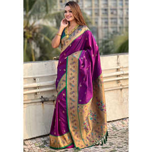 Sari de Seda Tiny Nath Meenakari Yeola Paithani, Color Vino, Tejido con Zari, Elegante, para Fiestas, para Todas las Temporadas - Product Image 3