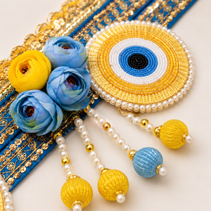 Toran de porte fait main en perles œil porte-bonheur, bleu et or, à motifs floraux, avec pompon de perles, décoration murale festive pour Puja, maison et temple, cadeau - Product Image 4
