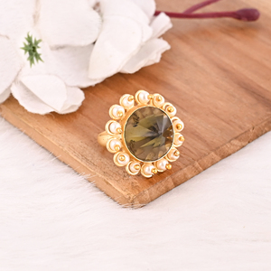 Green Tourmaline & Pearl Gemstone <b>Ring</b> for Women Trendy Brass Gold Plated <b>Adjustable</b> Jewelry - Product Image 3