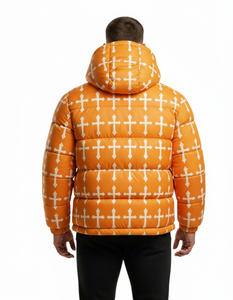 Mens Orange Solid Hooded Waterproof Breathable Eco Friendly Puffer Jacket Winter Warm <b>Bubble</b> <b>Coat</b> Streetwear Front Logo Custom - Product Image 5