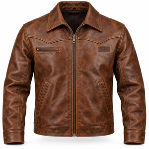 Western Ranch Style <b>Leather</b> <b>Jacket</b> <b>Mens</b> Distressed Vintage <b>Brown</b> Outerwear Cowhide Shirt Collar Trucker Coat Custom Manufacturer - Product Image 1