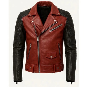Chaqueta de Cuero para Motociclista Roja y Negra para Hombre, Chaqueta Acolchada de Estilo Urbano, Prenda Exterior de Cuero Genuino para Motocicleta - Product Image 2