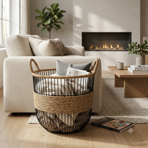 Panier de rangement en fil métallique noir avec poignées en corde de jute naturelle, organisateur de décoration rustique pour la maison, panier pour la cuisine, la salle de bain et la buanderie - Product Image 5
