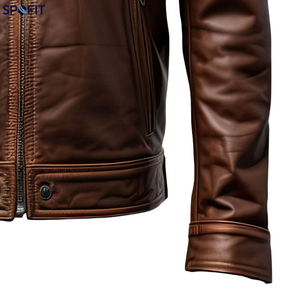 Blouson de motard rétro décontracté pour homme en cuir PU marron, imperméable, avec bretelles et col rabattable, multi-poches - Product Image 4