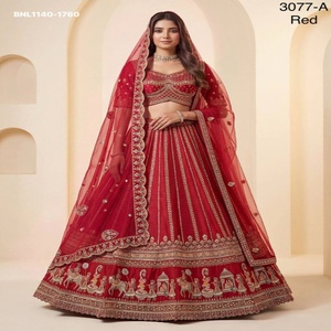 Conjunto de lehenga semisellado de seda premium para bodas con lentejuelas y cuentas hechas a mano, y hilo Zari con motivos multicolor. Proveedor indio. - Product Image 1