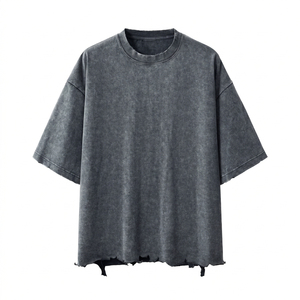 เสื้อยืดโอเวอร์ไซส์ผู้ชายสไตล์สตรีทแวร์ แขนสั้น คอกลม ขอบเสื้อทำสีแบบดิสเทรส ทรงหลวม สวมใส่สบาย - Product Image 1
