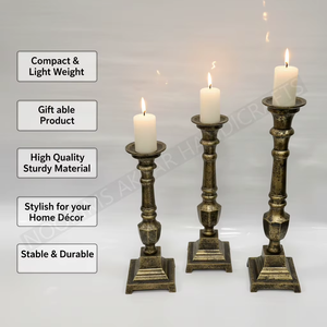 Antique <b>Brass</b> Gold Taper Candle Holders Set of 3 Vintage Gothic <b>Candlestick</b> Stand Square Pedestal Base Dining Tabletop Center - Product Image 2