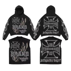 Ensemble sweat à capuche zippé et pantalon de survêtement oversize pour homme, avec strass personnalisés, coupe courte, effet vieilli, idéal pour l'hiver - Product Image 4