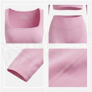 Pink 2 Piece Yoga <b>Set</b> <b>Square</b> Neck Long Sleeve Crop Top High Waist Full Length Leggings Seamless Sportswear - Product Image 4