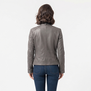 Veste en cuir véritable pour femme, style vintage, veste de motard en cuir, veste en cuir tricotée avec poche poitrine pour femme - Product Image 2