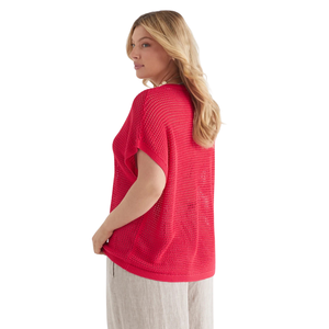 Haut en maille ajourée à col en V et manches courtes pour femme – Respirant, texturé, décontracté, coupe ample, pull tendance pour l'été - Product Image 4