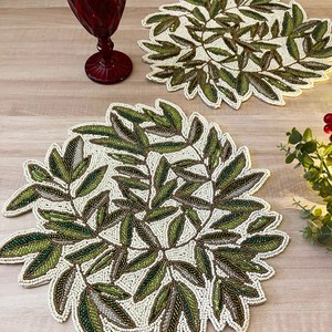 Handmade Beaded <b>Table</b> Mat Leaf Design Luxury Decorative Placemat Custom Bead Embroidery <b>Table</b> <b>Runner</b> Mat Craftera Exports - Product Image 1