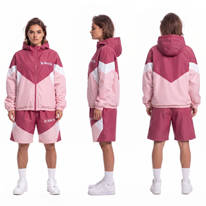<b>Women's</b> Colour Blocking Windbreaker <b>Twin</b> Shorts <b>Set</b> Lightweight <b>Women</b> Hooded Jacket 100% Nylon Printed Shorts <b>Set</b> - Product Image 5